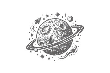 Monochrome space planet sticker with rings and stars © Msbhai