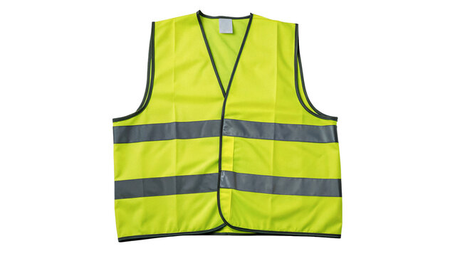 Bright neon yellow reflective safety vest with stripes isolated on transparent background cut out