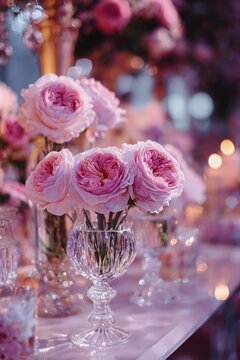 Delicate Pink Roses in Sparkling Crystal Vase