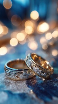 Elegant Diamond Wedding Rings with Golden Bokeh Background