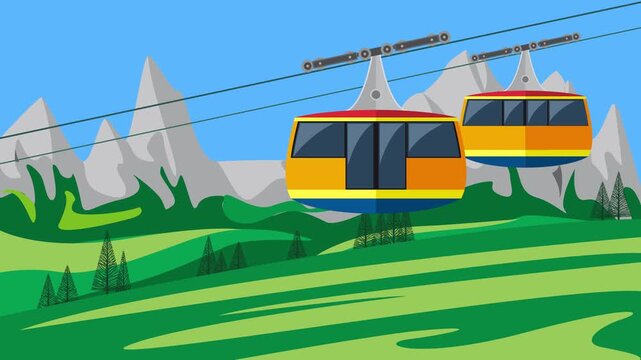 Cable cars moving over a green valley with mountain peaks in the background