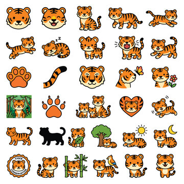 Cute Cartoon Tiger Icons and Kawaii Cub Poses Vector Set, Flat Vector Collection of Whimsical Tiger Characters and Paw Prints, Minimalist Doodle Illustration of Funny Tigers Playing and Sleeping, 