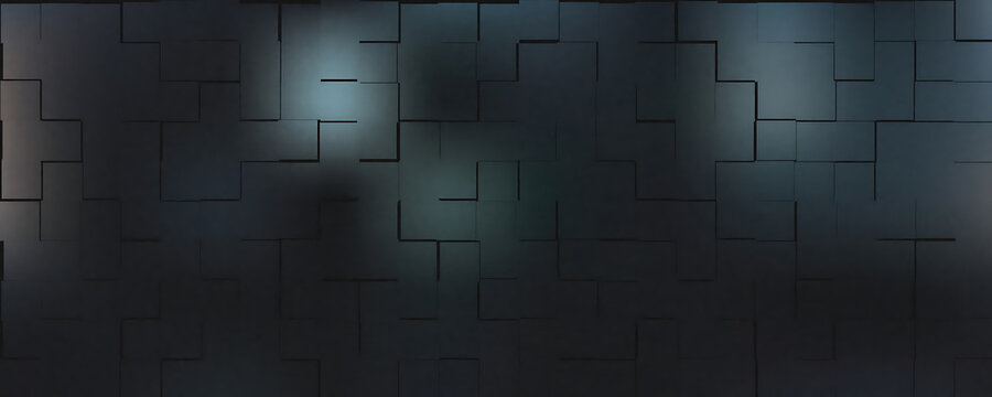 Dark grey geometric wall texture with rectangular blocks, soft blue light highlights, three dimensional surface pattern for abstract background wallpaper
