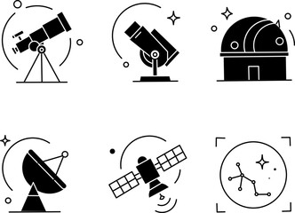 Fototapeta premium ​Asteroid observation icon set. Telescope observatory dome and astronomy radar vector illustrations.