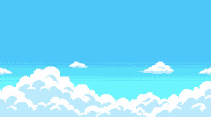 Pixel art sky background with white clouds. Retro game landscape illustration © Bohdan