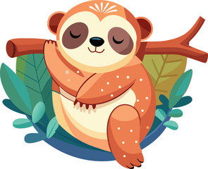 Fototapeta premium Cute cartoon sloth sleeping on a tree branch surrounded by tropical leaves