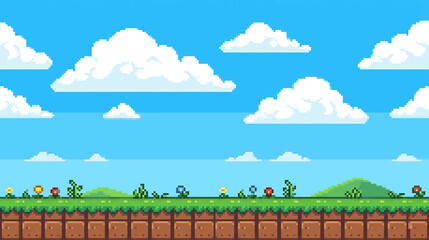 Obraz premium Pixel art platformer game background with grass field, flowers and clouds