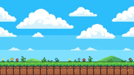Fototapete Blau Pixel art platformer game background with grass field, flowers and clouds  © Bohdan