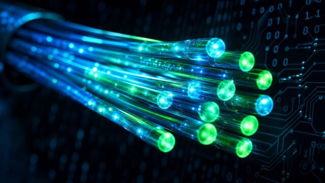 Vibrant cyan and neon green light pulses flowing through glass strands with a soft bokeh effect on the tips. Dark background with subtle binary code and circuit board lines
