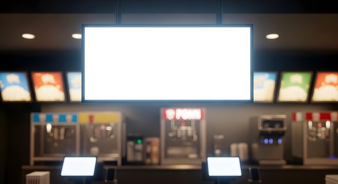 Empty white screen in a blurred cinema concession stand, ready for custom text or advertisement.