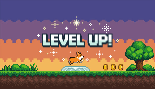 Pixel Art Level Up Game Background with Running Corgi and Gold Coins
