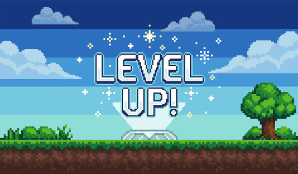 Pixel Art Game Background with Level Up Text and Retro Trophy Platform