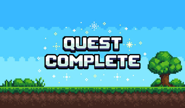 Pixel art game background with quest complete text. Game design concept in retro style. Vector illustration eps 10