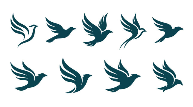 Set of Elegant Flying Bird Silhouettes for Minimalist Logo Design Elements