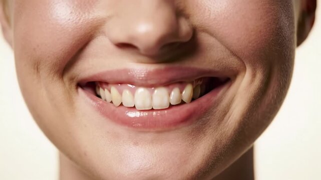 Extreme close-up of a young caucasian woman's mouth, natural lips smiling broadly, revealing perfect white teeth on a light beige studio background. Concept of dental health and natural beauty
