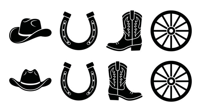 Wild West Cowboy Silhouette Icon Set with Hats Boots Horseshoes and Wheels