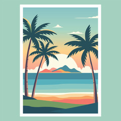 Obraz premium Minimalist flat vector tropical beach landscape illustration with palm trees and sunset