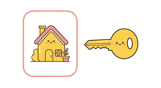 Cartoon house and key illustration for real estate and home security concept