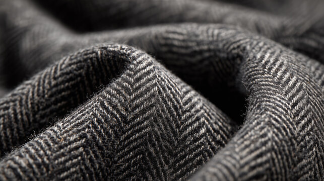 Close Up Texture of Charcoal Grey Herringbone Tweed Fabric Background
