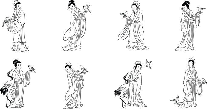 Traditional Chinese Women Line Art Vector Set Featuring Ancient Asian Ladies in Hanfu Dresses Interacting with Birds and Cranes