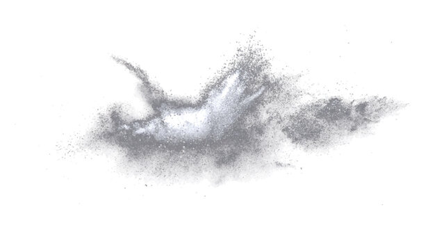 Abstract silver dust explosion dynamic chaotic motion, delicate particulate cloud dispersion, ephemeral ephemeral moment.