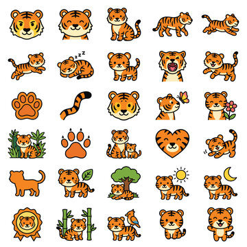 Cute Cartoon Tiger and Cub Icon Set, Adorable Tiger Illustration and Sticker Collection, Kawaii Tiger Character Vector Graphic Pack, Variety of Playful Tiger and Jungle Animal Icons.