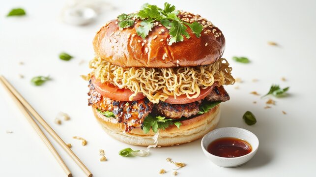 Gourmet ramen burger Asian fusion cuisine beef patty instant noodles sesame bun cilantro garnish dipping sauce chopsticks premium restaurant presentation