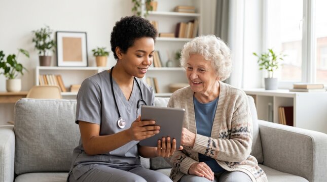 Smiling Nurse Showing Health Information On Tablet To Senior Woman At Home, Elderly Care And Medical Support Service Concept