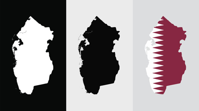 Qatar map, icons featuring outline, silhouette and flag elements isolated on white background for mapping and branding.

