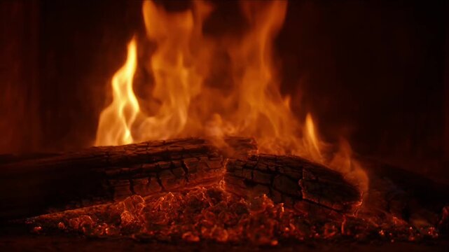 Cinematic fire glow and ember spark background with burning log wildfire flame texture blaze heat and ash creating warm rustic interior atmosphere and cozy relaxing night scene backdrop