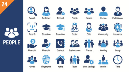 Fototapeta premium Blue vector icon set of people illustrating education, business, finance, and community concepts to visualize teamwork, roles, and collaboration.