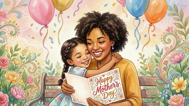 Joyful Mother and Daughter Celebrating Mother's Day with Balloons and Card