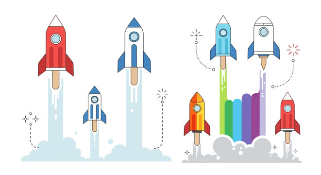 Colorful Rocket Launch Vector Illustration Set with Popsicle Sticks