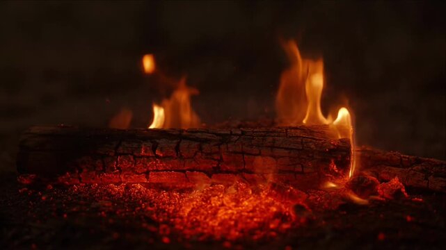 Cinematic campfire log fire glow over ember log with intense wildfire heat dark forest background creating dramatic warm atmosphere for outdoor night scene storytelling and nature survival concept