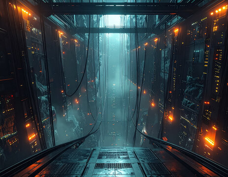 deep industrial server farm with abstract vertical infrastructure