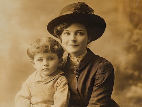 Portrait of a woman with her child in vintage style. A mother with a boy posing for an old photograph. Heritage, family history, nostalgia for the past, classic historical mood.