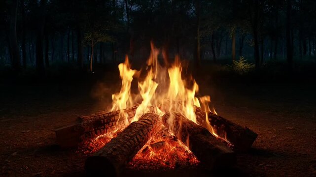 Cinematic campfire fire flame log night forest wildfire background nature outdoor warm dramatic glow landscape wood burning smoke dark ember ash glows tall tree silhouette flying spark heat moody