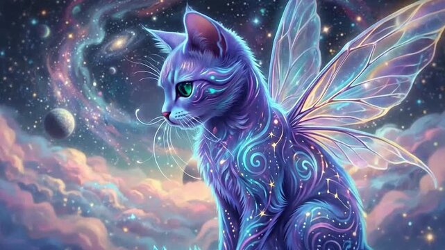 Magical Cat with Fairy Wings in a Cosmic Galaxy Scene
