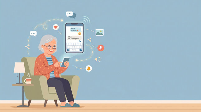 スマートフォンでメッセージを送るシニア世代を描いたイラストです。
人とのつながりやオンライン交流を表現しています。