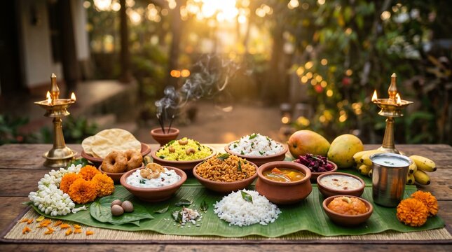 Festive Indian meal arrayed in clay bowls on banana leaf with brass lamps at sunset for authentic cultural culinary website banner