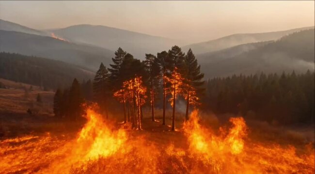 Cinematic wildfire fire background forest blaze burning tree mountain landscape dramatic sky orange flame smoke disaster heat danger nature outdoor destruction environmental crisis valley with raging