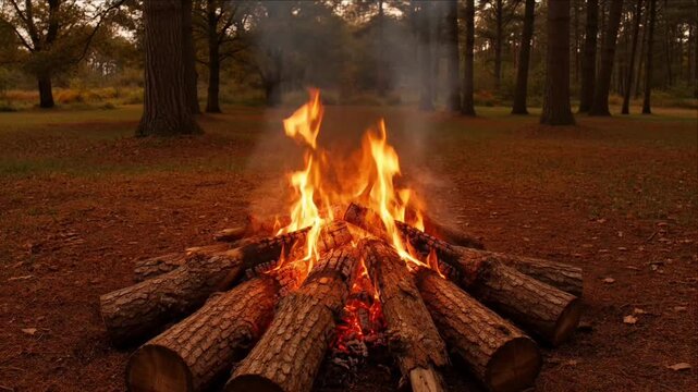 Cinematic wildfire fire campfire forest background autumn woodland orange flame smoke glowing ember outdoor nature warm heat log trunk wilderness night burning log forest floor with soft smoke