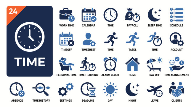 Time management and fitness icons: a cohesive vector set of clock, schedule, and exercise symbols for apps and infographics