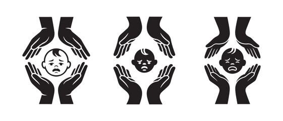 Fototapeta premium Hands Protecting A Crying Baby Icon Set Representing Child Safety And Care In A Minimalist Style.
