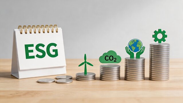 ESG investment concept featuring a calendar, stacks of coins growing in height, and green icons representing wind energy, CO2 reduction, earth protection