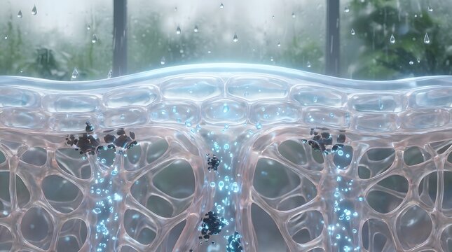 3d rendered microscopic skin layers showing dirt cleansing process with refreshing rain water