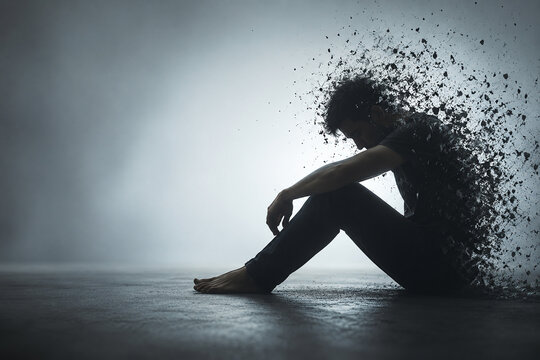 AI generated symbolic portrait of lonely person dissolving into particles expressing isolation emotional struggle loss identity crisis inner transformation