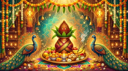 Fototapeta premium Traditional kalash with coconut beside elegant peacocks under glowing lamps and floral garlands digital art for auspicious festival banner