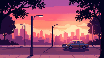 Pixel art sunset city street background with car and urban skyline © Bohdan