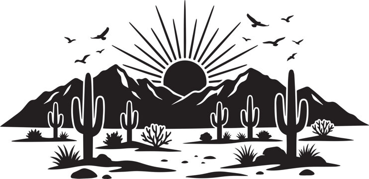 Desert Landscape Silhouette Vector Set with Cactus Mountains Birds and Sunset Nature Scene .
